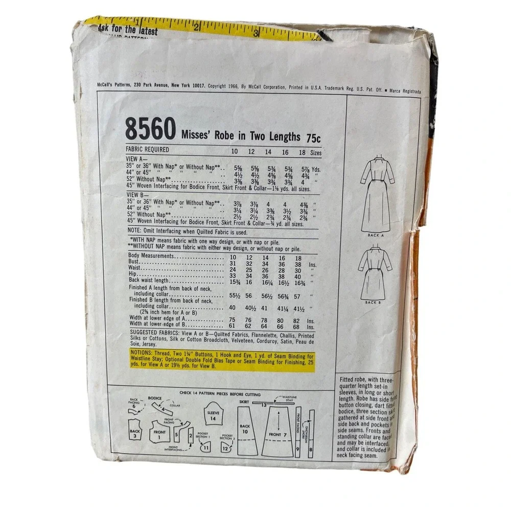 McCalls Sewing Pattern 8560 Robe Short Long Misses‎ Size 16 Vintage UNCUT